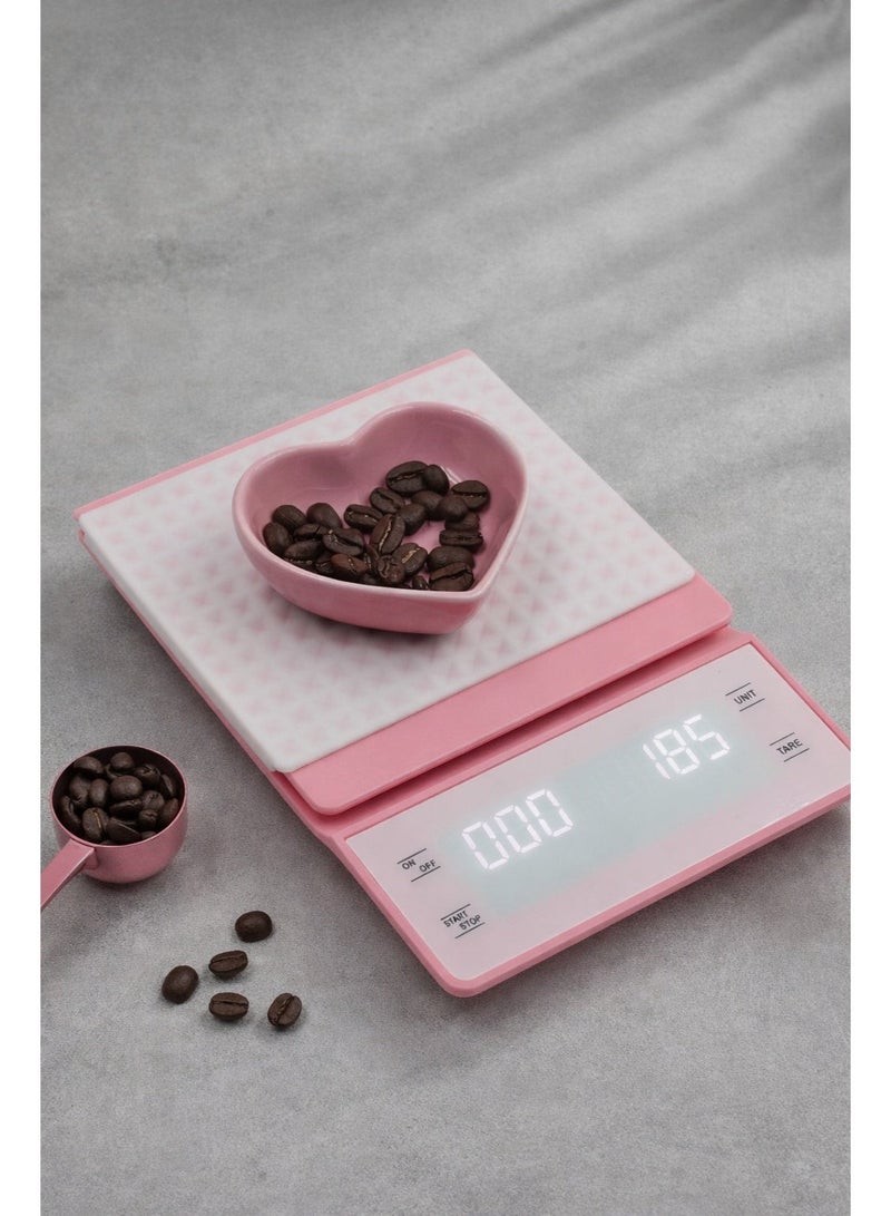 دائرة مربعة ميزان قهوة رقمي مع مؤقت، دقة عالية 3 كجم / 0.1 جم لتحضير القهوة المقطرة والإسبريسو مع شاشة LCD مضيئة (وردي) - Image 1